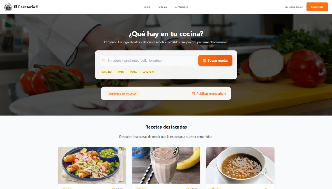 Captura del sistema El Recetario